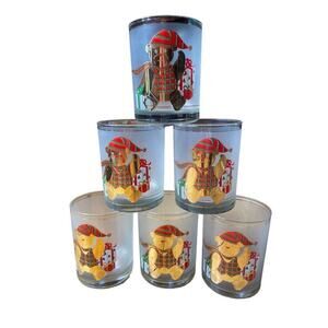 6 Vintage Culver frosted lowball Christmas glasses/cups. Teddy Bear. Gifts.